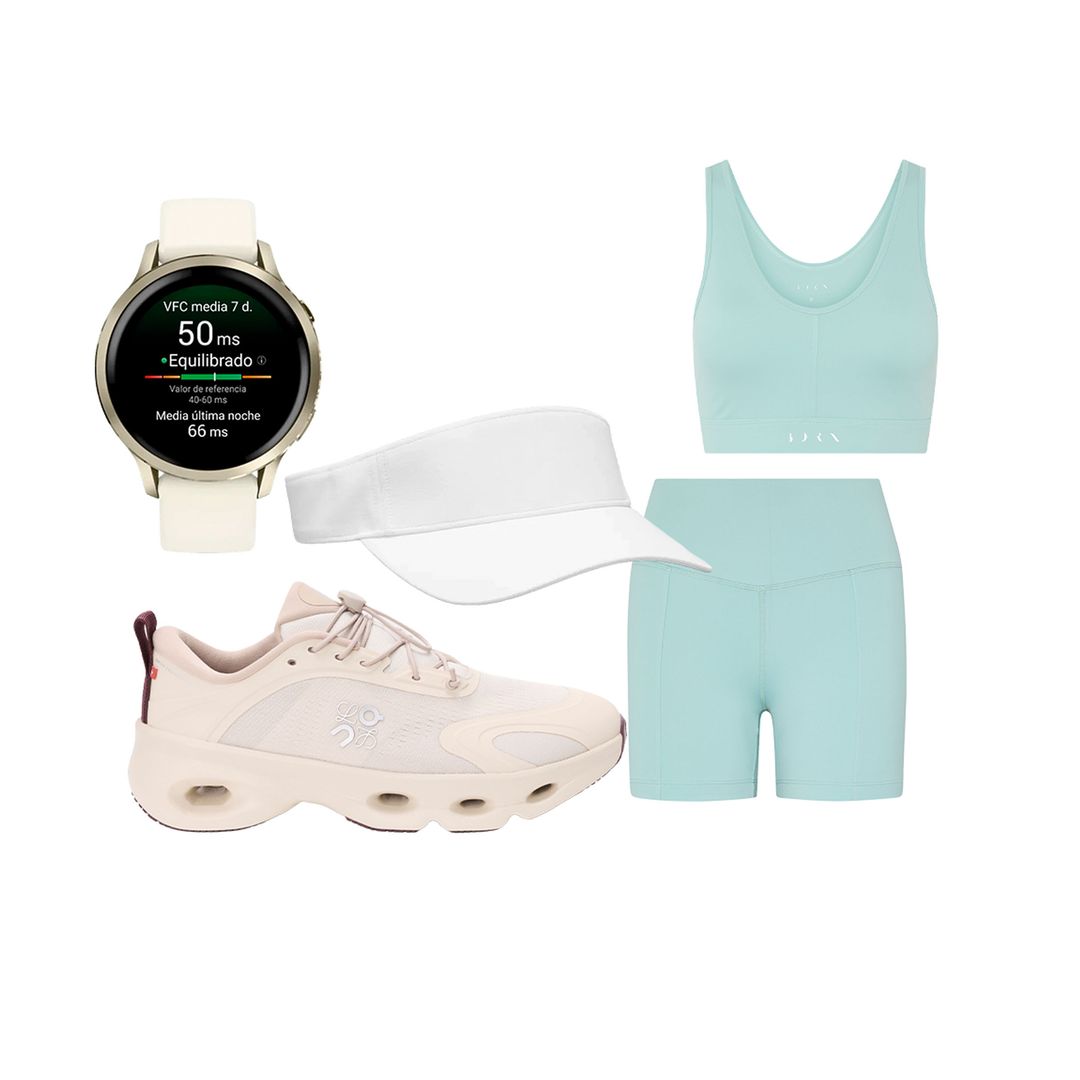 SMARTWATCH personalizable Venu 4 (499 €), de Garmin. VISERA multideporte, con banda extraíble para el sudor (45 €), de Lululemon. CONJUNTO de short y top Deo Greece Blue (39,90 €, cada uno), de BORN.  ZAPATILLA ligera Cloudsolo 
(550 €), de Loewe x On