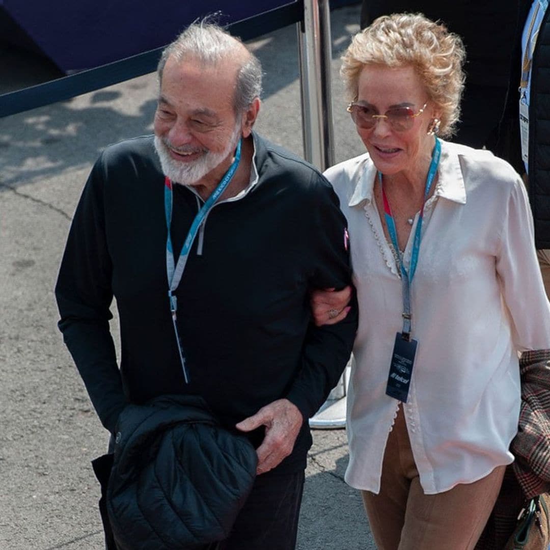 Enamorado, Carlos Slim aparece en el Gran Premio de México con Mercedes Sánchez Navarro