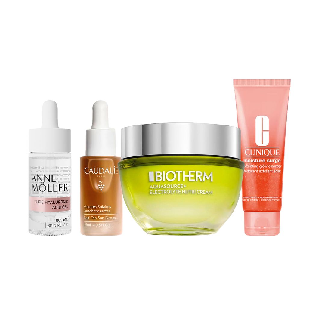 1. Sérum: Pure Hyaluronic Acid Gel Rosâge (44 €), de Anne Möller. 2. Gotas auto-bronceadoras: Gouttes Solaires Autobronzantes (19,90 €), de Caudalie. 3. Crema: Aquasource+ Electrolyte Nutri Cream (55 €), de Biotherm. 4. Limpiador exfoliante: Exfoliating Glow Cleanser
(34,50 €), de Clinique