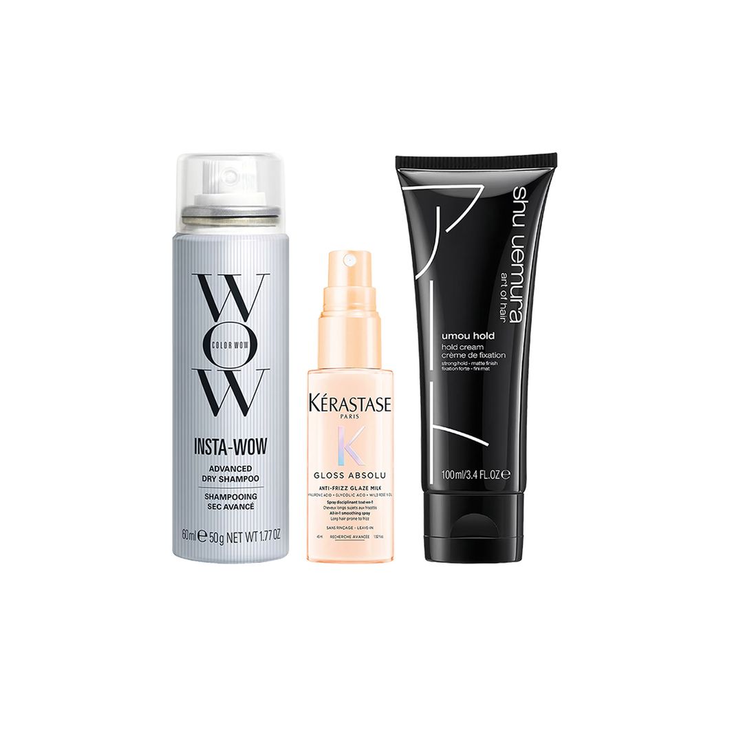 Peinado exprés. Champú en seco Insta-Wow
(18 €), de Color Wow. Spray Anti-Frizz Glaze Milk (19,95 €), de Kérastase Paris. Crema de fijación Umou Hold (41 €), de Shu Uemura