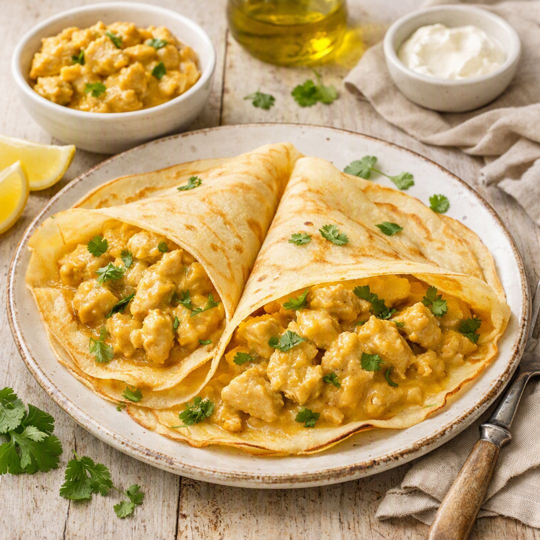 RECETA DEL DÍA. Crepes de pollo al curry aromáticos, jugosos y muy apetecibles