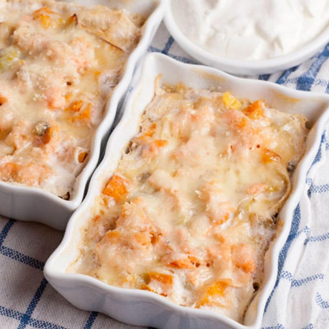 Gratinado de rape y calabaza con salsa Aurora