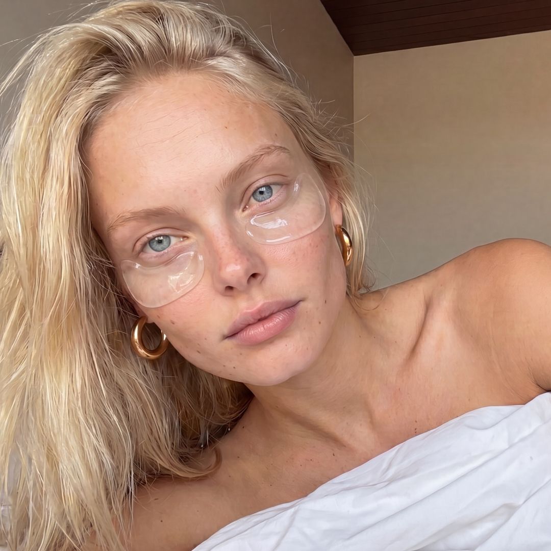 Elsa Hansen con parches de ojos, pelo suelto y enrollada en sábanas
