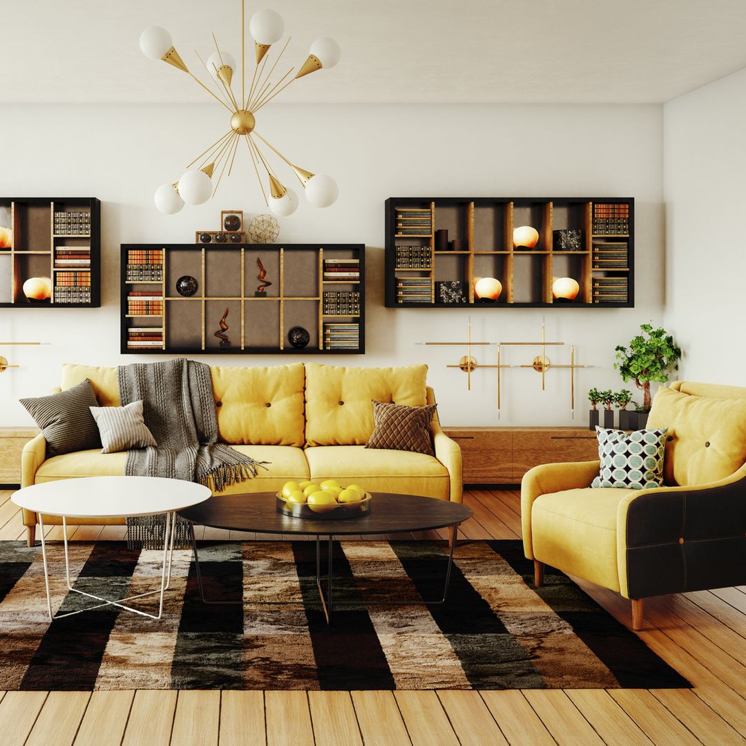 Salón decorado en amarillo, madera y negro.