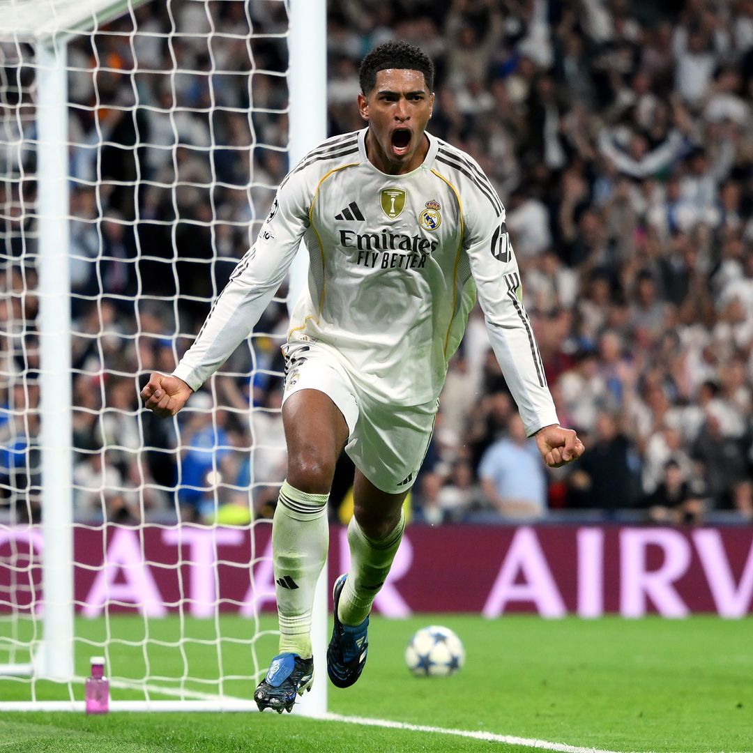 MADRID, SPAIN - OCTOBER 22: Jude Bellingham of Real Madrid celebrates scoring his team's first goal during the UEFA Champions League 2025/26 League Phase MD3 match between Real Madrid C.F. and Juventus at Estadio Santiago Bernabeu on October 22, 2025 in Madrid, Spain. (Photo by David Ramos - UEFA/UEFA via Getty Images)