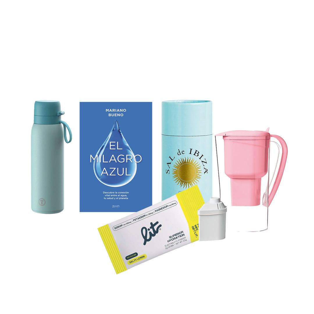 Botella con filtro BottlePro Adventure (115 €), de Tappwater. Libro 'El milagro azul' (17,10 €, ed. Zenith). Sal marina sin tratar (6,10 €, salero de 125 mg). complemento de sal y limón (37,80 €, 30 sobres), de Lit. Jarra filtradora y purificadora (77,77 €), de Alkanatur