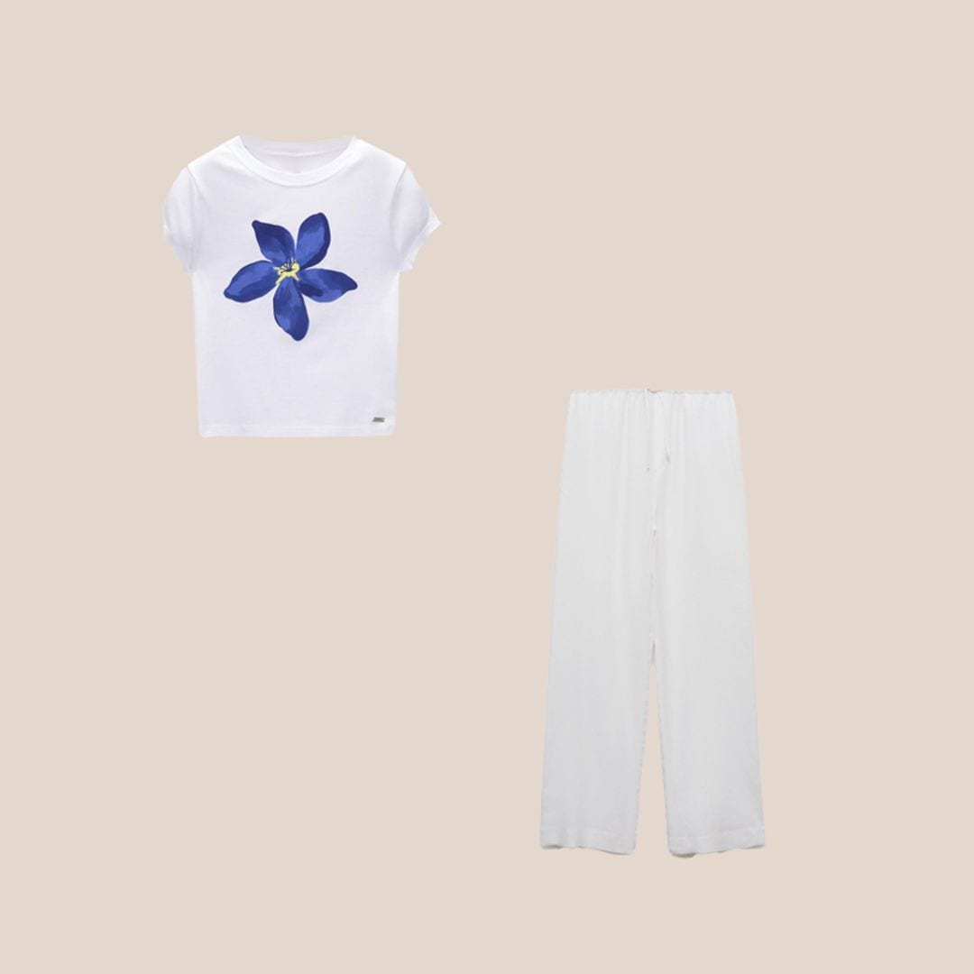 Top con flor auzl y pantalones de lino blancos