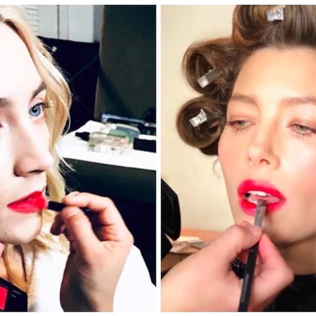 kara yoshimoto bua maquillando a jessica biel y saoirse ronan con lipstick en polvo