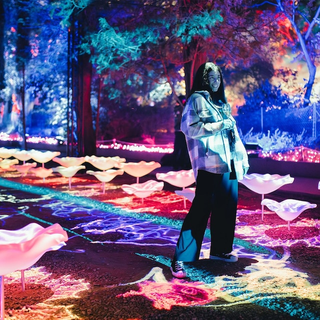Naturaleza Encendida, chica en camino de flores de colores y luces