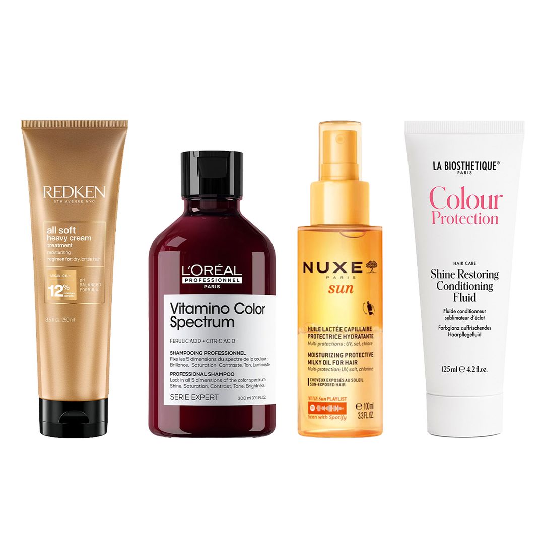 1. Mascarilla ultrahidratante: All Soft Heavy Cream (30 €), de Redken. 2. Champú: Vitamino Color Spectrum (31,50 €), de L’Oréal Professionnel. 3. Protector solar: Aceite Lácteo Capilar (21,50 €), de Nuxe. 4. Acondicionador: Colour Protection Shine Restoring (33 €), de La Biosthétique
