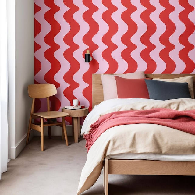 Dormitorio con pared en tonos rosas