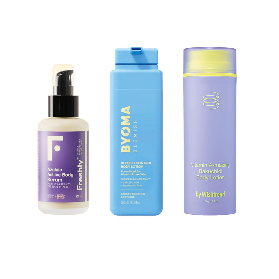 1. Sérum corporal Azelaic Active (29,95 €), de Freshly. 
2. Crema antiimperfecciones: Blemish Control Moisturizer (18 €), de Byoma. 
3. Con retinal: Vitamin A-mazing Bakuchiol Body Lotion (55 €), de By Wishtrend.