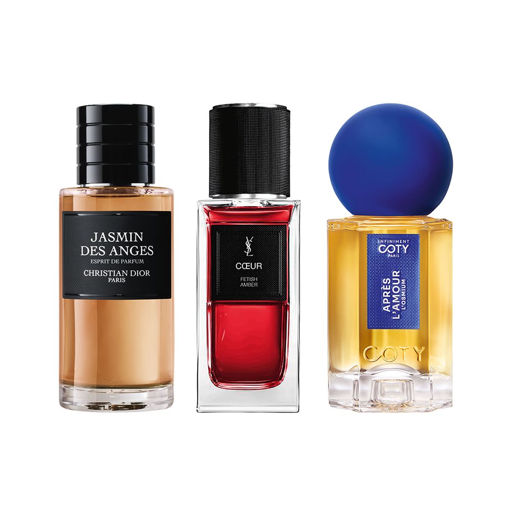 Alta perfumería. Jasmin des Anges Esprit de Parfum (440 €, 80 ml), de Dior. Coeur Fetish Amber (200 €, 75 ml), de YSL Beauty. Après L’Amour L’Osmium (290 €, 40 ml), de Infiniment Coty Paris