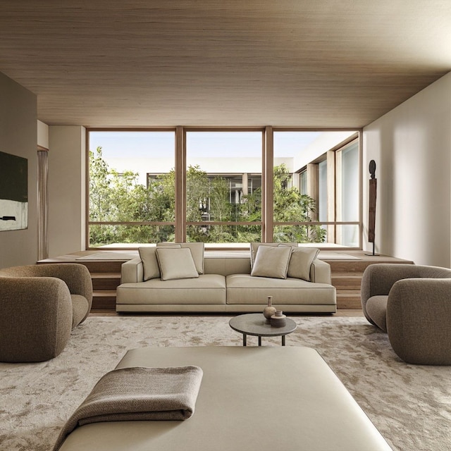 Salón moderno con sofá blanco y sillones redondeados