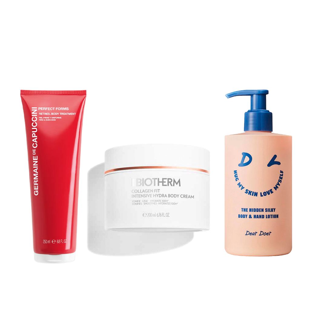 1. Suaviza y tonifica: Retinol Body Treatment (59 €), 
de Germaine de Capuccini. 2. Nutre en profundidad: Collagen Fit (60 €), de Biotherm. 3. Exfolia e hidrata: The Hidden Silky Body & Hand Lotion (15,99 €), de Dear Doer.