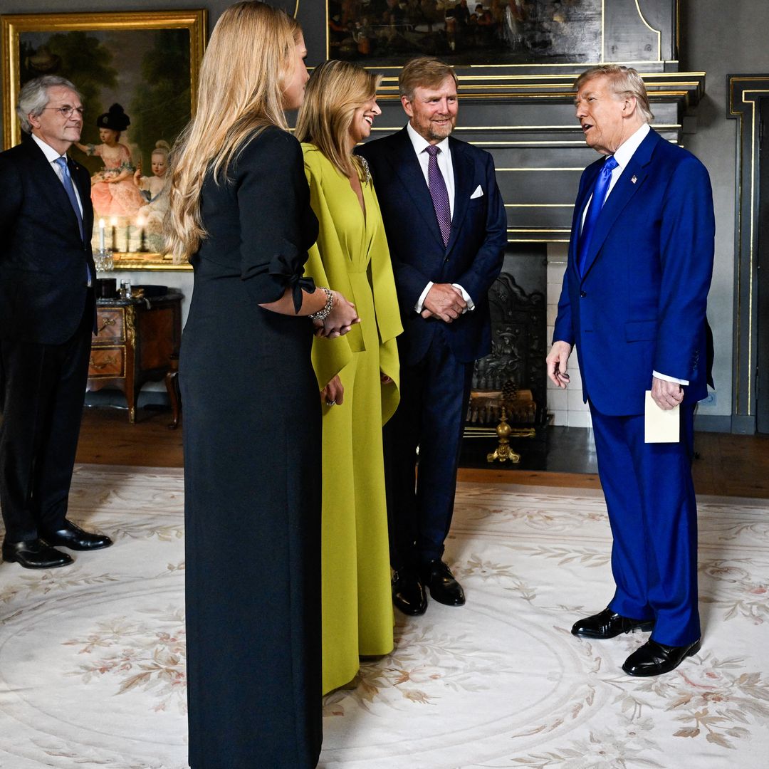 King Willem-Alexander (2nd R) and Queen Maxima (2nd L) of the Netherlands, along with Crown Princess Amalia (L), greet US President Donald Trump (R) prior to a social dinner with NATO country leaders at the 'Huis ten Bosch' Royal Palace, during a North Atlantic Treaty Organization (NATO) Heads of State and Government summit in The Hague, on June 24, 2025. NATO leaders hold a two-day summit on June 24 and 25 in The Hague. (Photo by Mischa Schoemaker / POOL / AFP) (Photo by MISCHA SCHOEMAKER/POOL/AFP via Getty Images)          