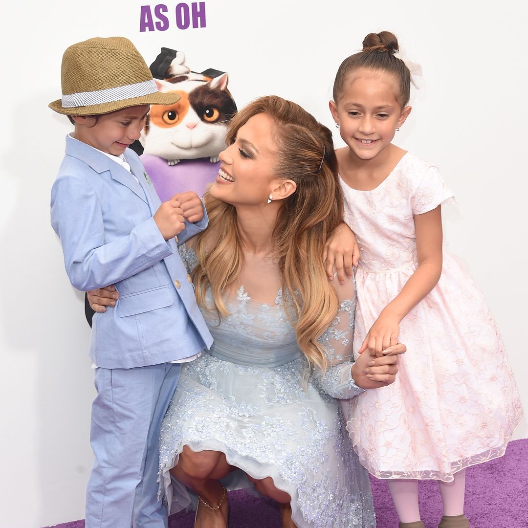 WESTWOOD, CA - MARCH 22:  Recording Artist/actress Jennifer Lopez (C) and son Maximilian David Muniz (L) and daughter Emme Maribel Muniz (R) arrive at Twentieth Century Fox And Dreamworks Animation's 'Home' Premiere at Regency Village Theatre on March 22, 2015 in Westwood, California.  (Photo by Jason Merritt/Getty Images)