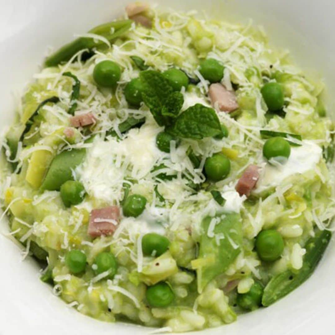'Risotto' de guisantes, judías verdes y beicon