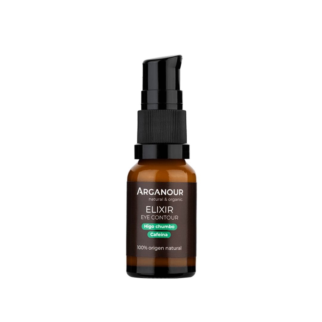 Elixir, de Arganour (12,96 euros), con aceite de semillas de higo chumbo, ácido hialurónico, cafeína, alianza sincronizada de helecho negro y algas rojas, y esencia de flores blancas para un efecto lifting, reducción de ojeras oscuras, pérdida de firmeza o deshidratación. 
