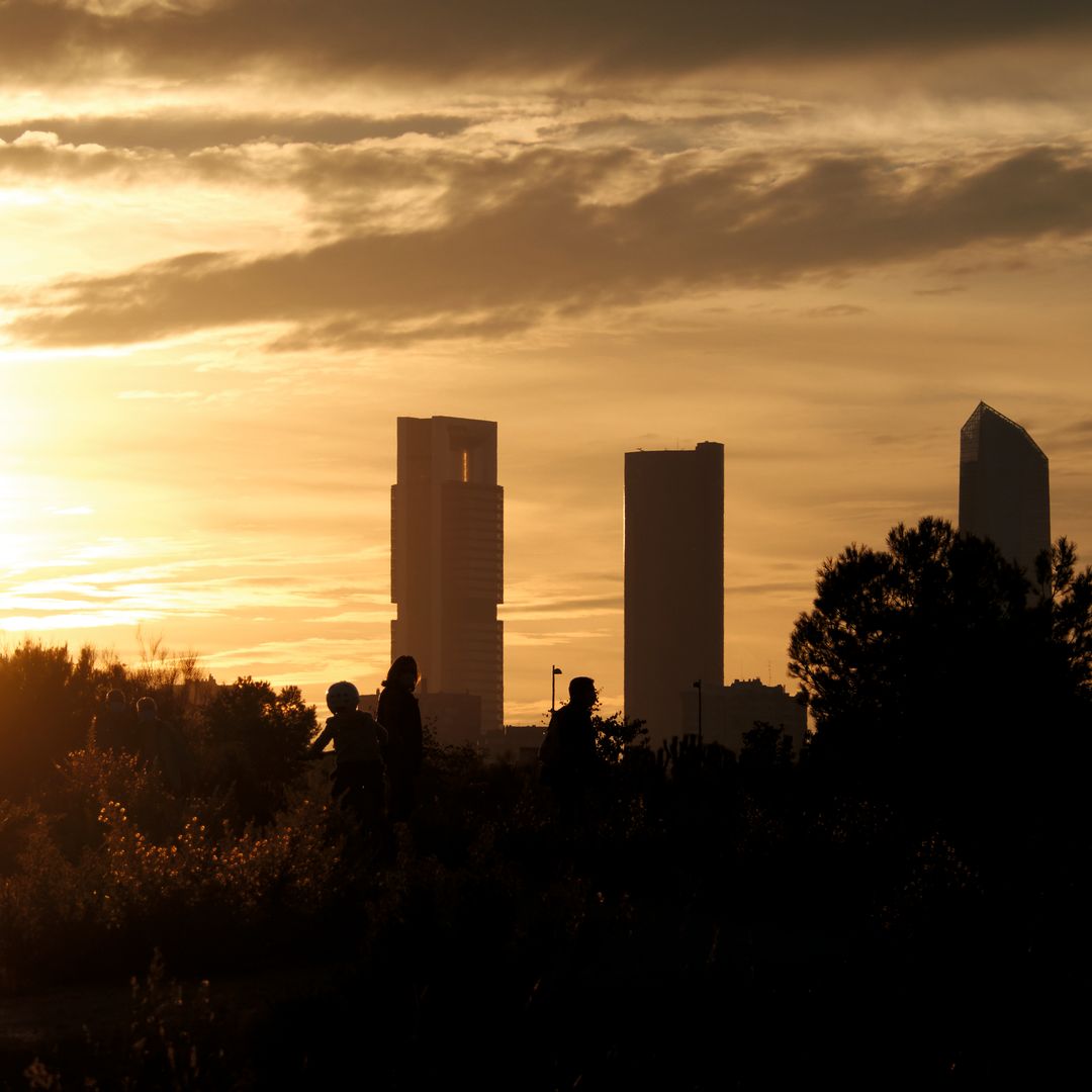 Atardecer con las Cuatro Torres de Madrid desde el Parque Forestal de Valdebebas,