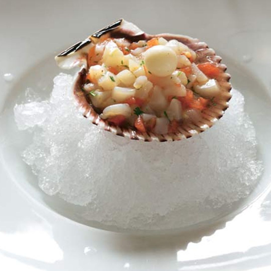 Tartar de zamburiña con perla de cítricos