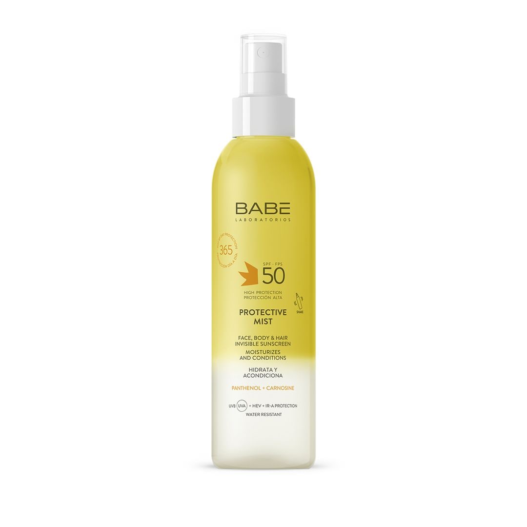 Protective Mist SPF 50, de Babé (17 euros), una bruma solar bifásica ultraligera y sin residuos para piel, pelo y cuero cabelludo con protección de amplio espectro y activos hidratantes y antioxidantes. 