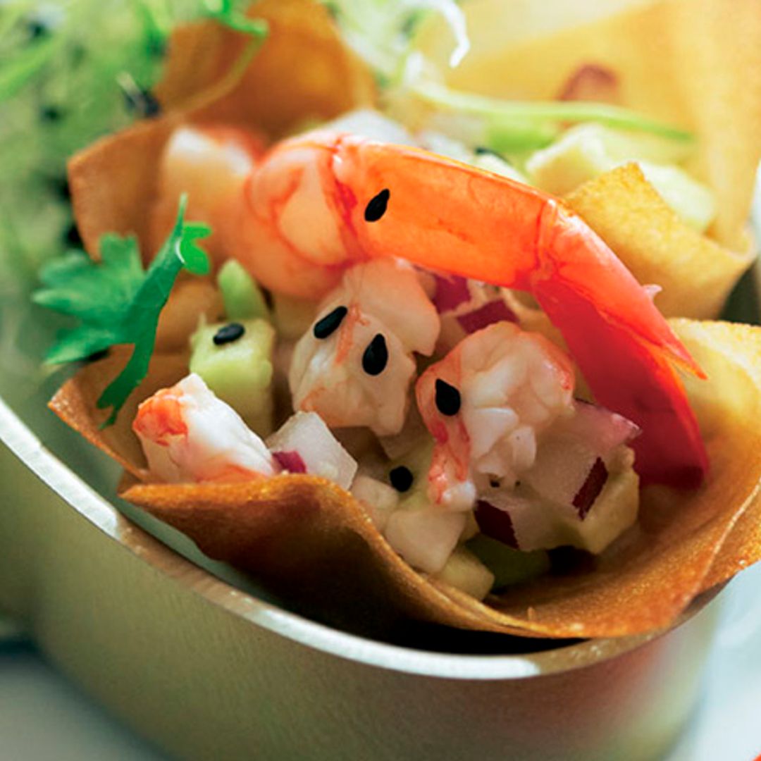 Crujientes de ceviche de gambas rojas