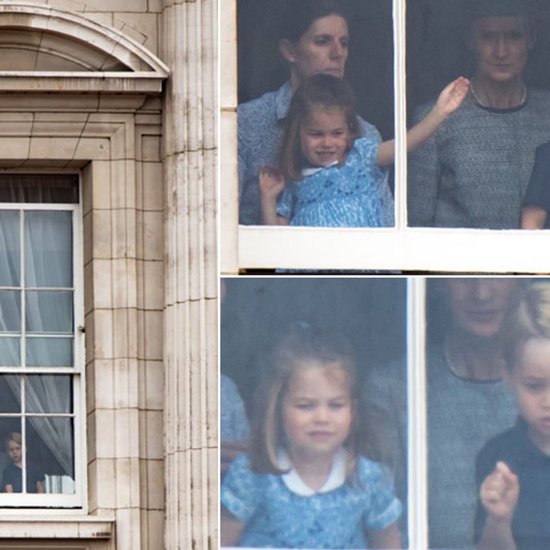 El entusiasmo de George y Charlotte en una de las ventanas del Palacio de Buckingham