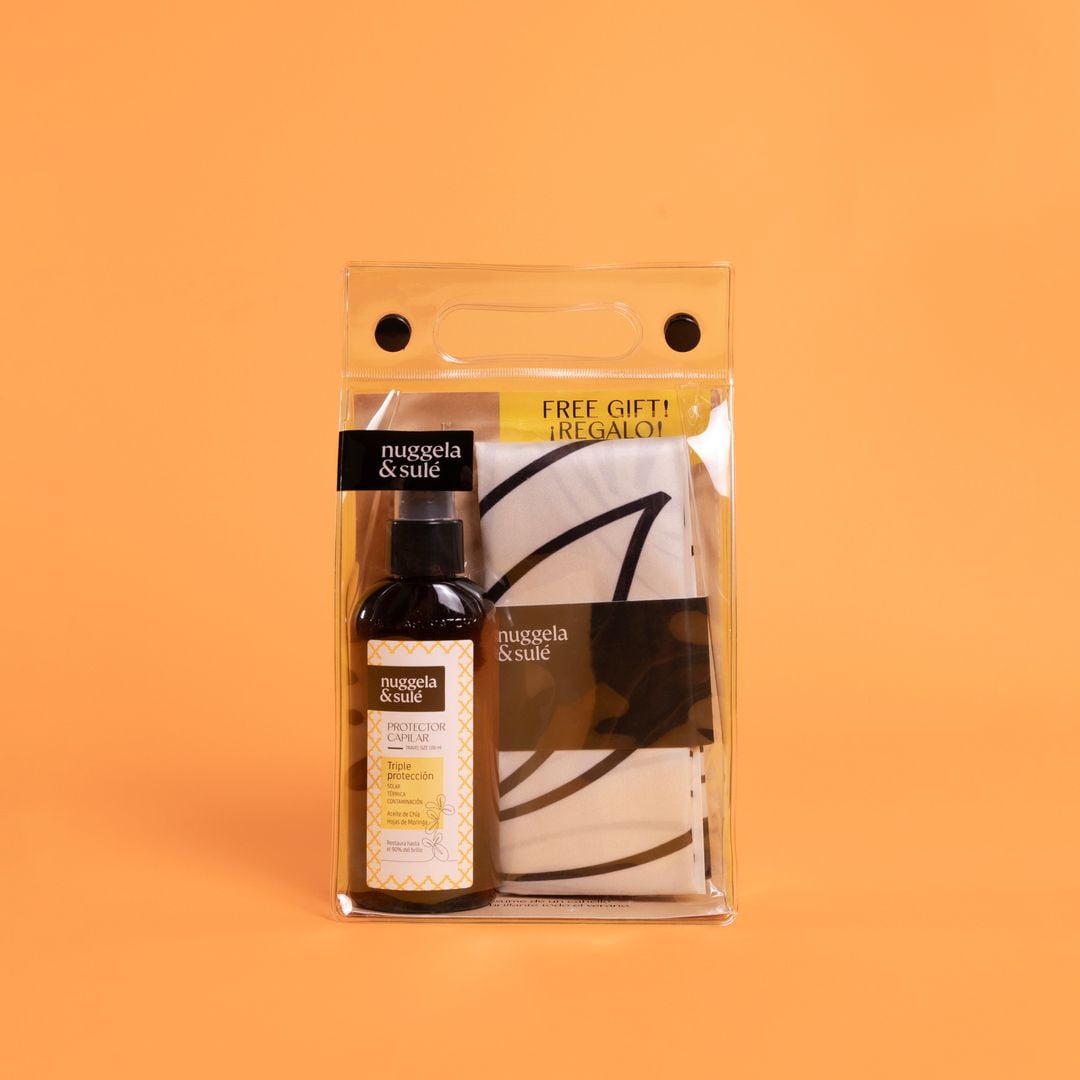 Kit Protector Capilar de Nuggela & Sulé con pañuelo Silk Touch (16,90 euros); el combo ideal del verano que contiene el spray triple escudo contra los rayos ultravioleta, las herramientas térmicas y la contaminación, con un pañuelo de seda que combate el encrespamiento. 