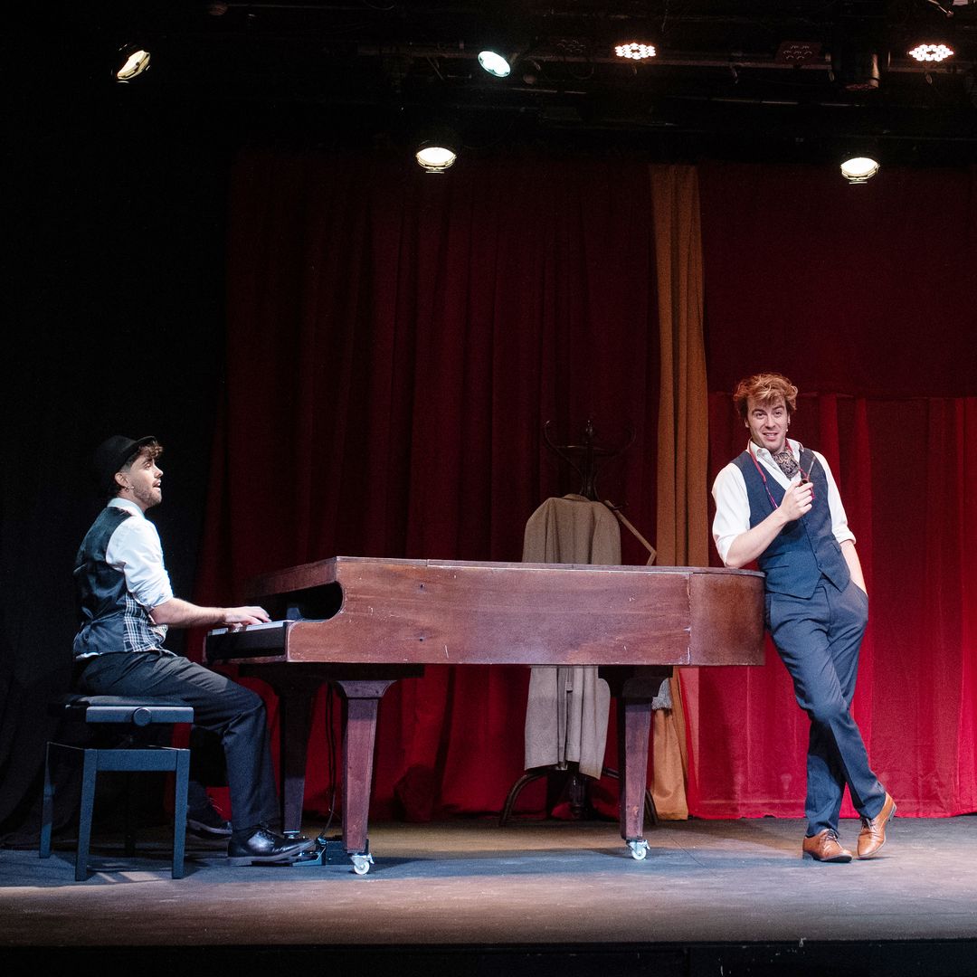 Mikel Herzog Jr. (l) and Didac Flores (r) perform at the graphic screening of the musical comedy 'Asesinato para dos', at the Pequeño Teatro Gran Via, on October 18, 2024, in Madrid, Spain. 'Asesinato para dos' is a musical comedy with elements of mystery. The play is a tribute to classic thrillers in a musical with two actors, who play multiple characters throughout the story and also play the piano. The play can be seen on October 21, November 4 and 18, December 2 and 16, 2024, and January 13 and 27, 2025. (Photo By Alejandro Martinez Velez/Europa Press via Getty Images)