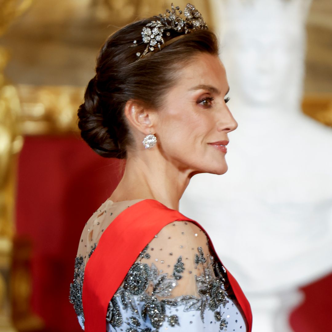El vestido de gala 'Frozen' de la reina Letizia en el banquete con los Macron: un diseño de Carolina Herrera con capa, transparencias y escote bordado