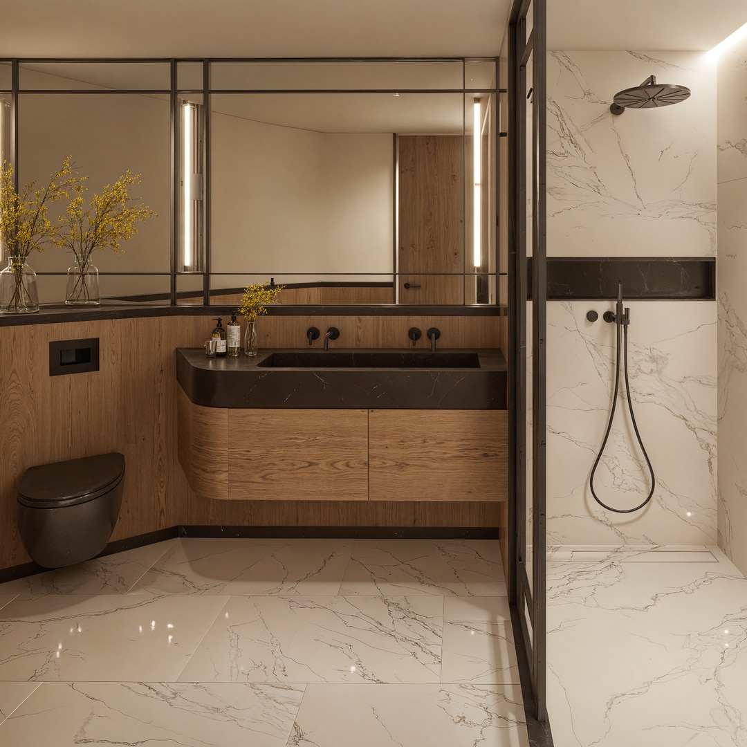 Baño moderno con madera y mármol