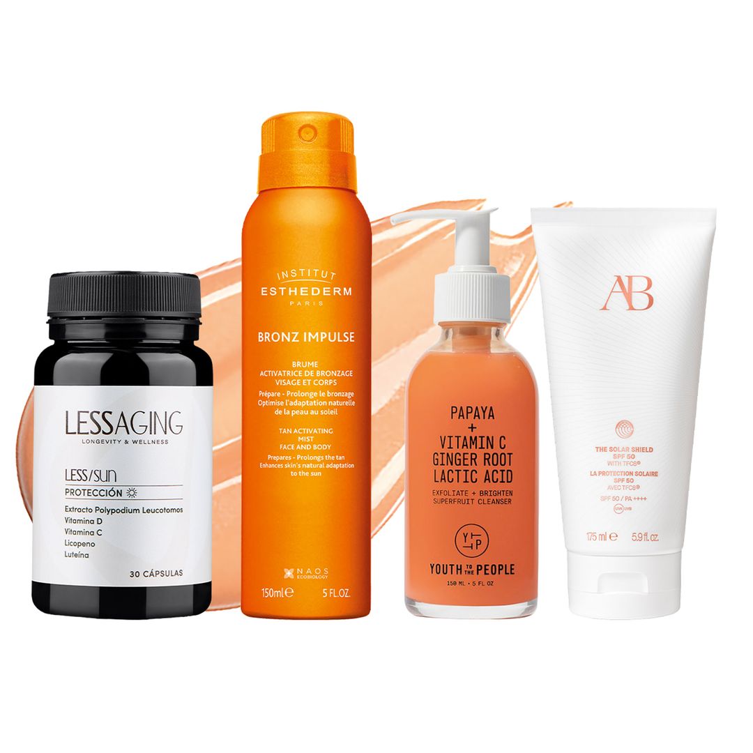 Suplemento antioxidante: Less/Sun (79,90 €), de LessAging. Bruma protectora: Bronz Impulse (52 €), de Institut Esthederm. Limpieza luminosa: Superfruit Papaya + Vitamin C (39 €, en Sephora), de Youth to the People. SPF antiaging: The Solar Shield SPF 50 (135 €, en Abanuc), de Augustinus Bader