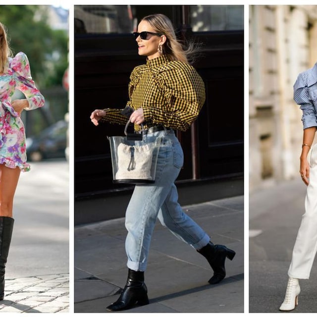 collage de street styles con atuendos con mangas abullonadas