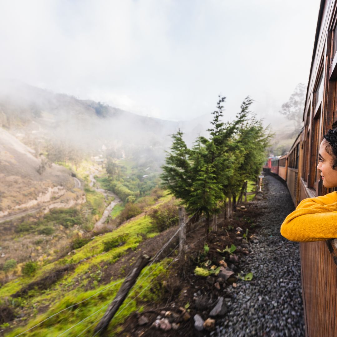 Chica joven viajando en tren y asomada a la ventana