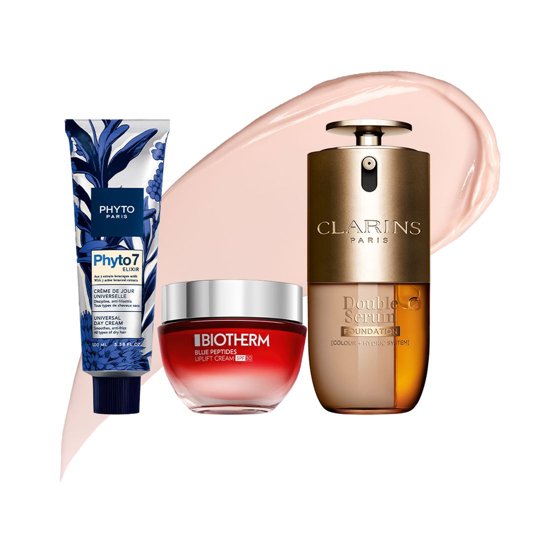 De izqda. a dcha. Phyto 7 Elixir (17,80 €), de Phyto, Blue Peptides Uplift (90 €), de Biotherm Double Serum Foundation (62 €), de Clarins