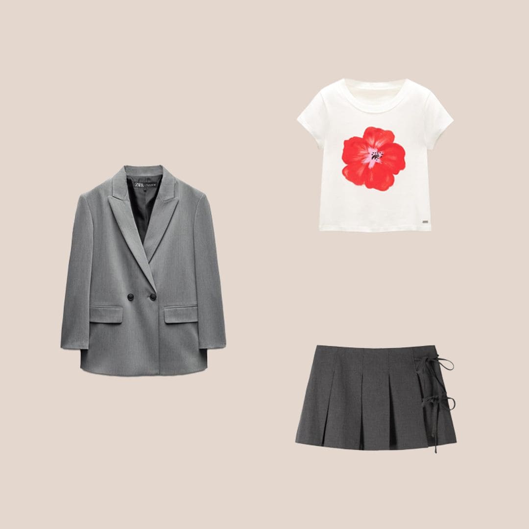 mini falda de tablas gris con lazos, blazer oversize gris y top de flor roja