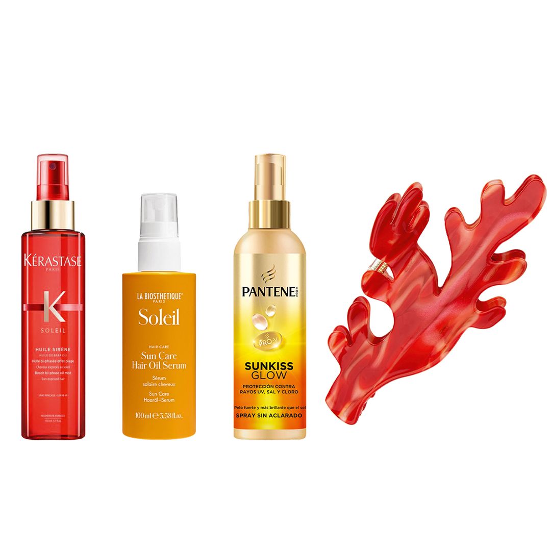 1. Aceite nutritivo: Soleil Huile Sirène, (40,70 €), de Kérastase. 2. Sérum hidratante y alisador: Sun Care Hair Oil Serum (26 €), de La Biosthetique. 3. Espray protector: Sunkiss Glow (12 €), de Pantene. 4. Pinza para el pelo: con forma de coral (15,13 €), de Coucou Souzette.