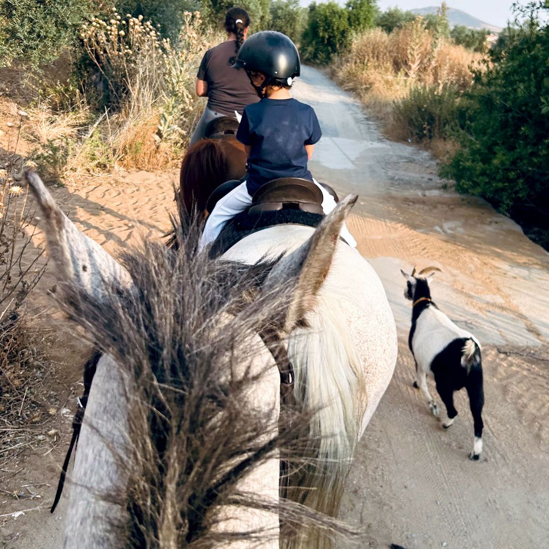 La familia de Rojas de paseo a caballo, mientras Justo les acompaña