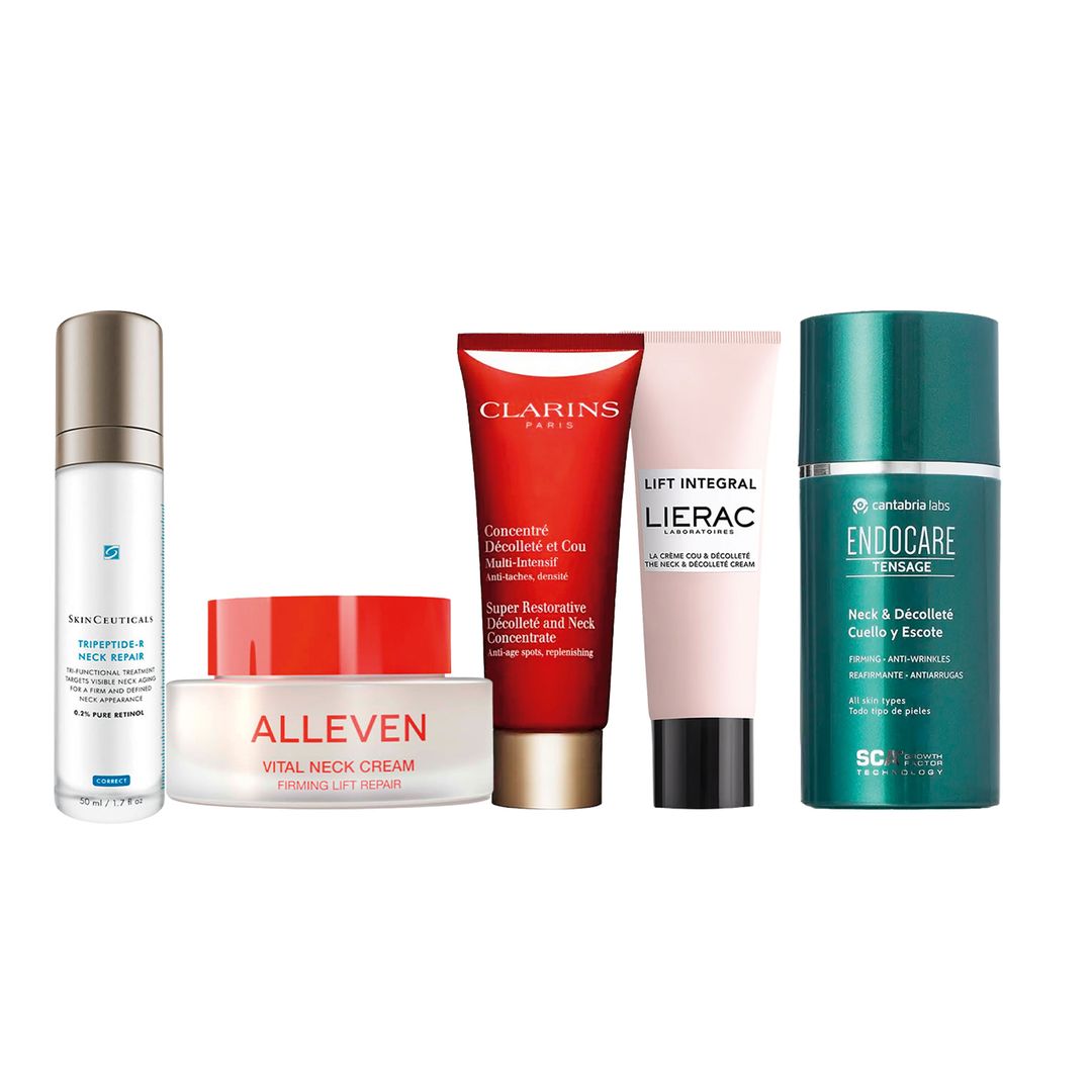 Arrugas horizontales Tripeptide-R Neck Repair (152 €), con 0,2 % de retinol puro, de SkinCeuticals. Crema reafirmante Vital Neck Cream (118 €), de Alleven. Antimanchas Concentré Décolleté et Cou (106,50 €), de Clarins. Efecto lifting Lift Integral (49,90 €), de Lierac. Redefinición Endocare Tensage Cuello y Escote (63,25 €), de Cantabria Labs