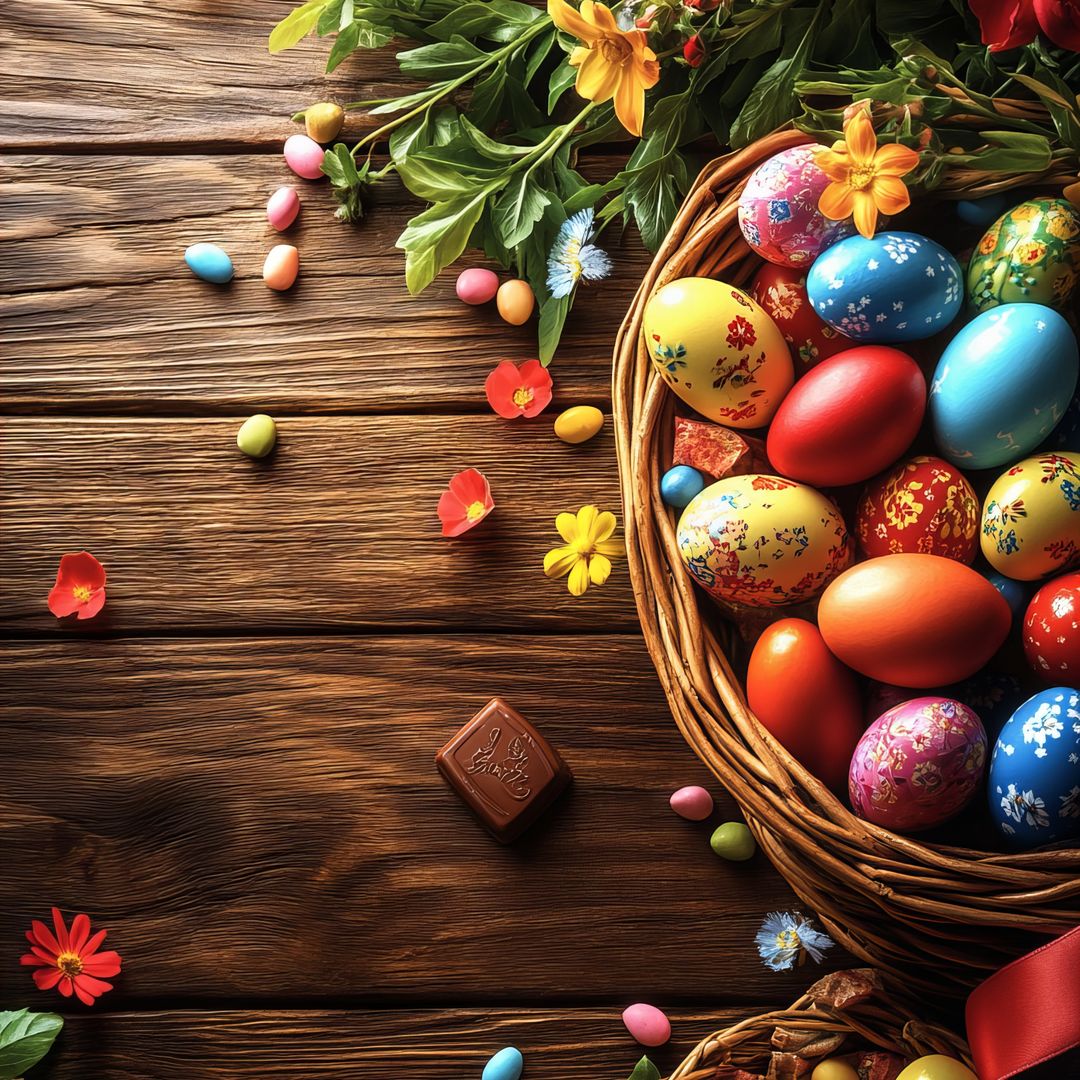 Huevos de Pascua de chocolate en mesa de madera estilo rural