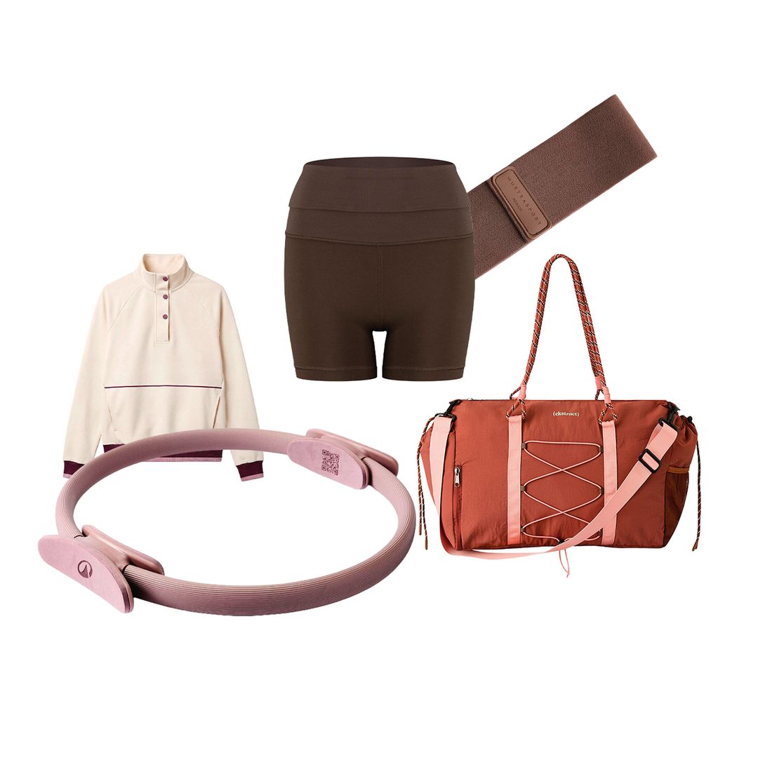 1. SUDADERA (52 €), de Black Limba. 2. shorts (68 €), de Lululemon. 3. banda de resistencia (25,99 €, pack de dos), de Murtra Sport x Oysho. 4. ARO (14,99 €), de Domyos. 
5. BOLSA deportiva (25 €), de ekstract KIABI