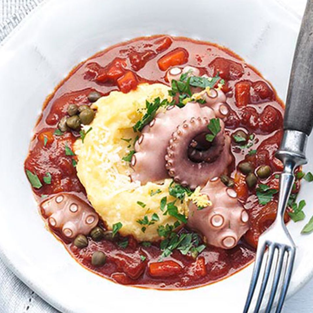 Pulpo en salsa de tomate con puré de patata