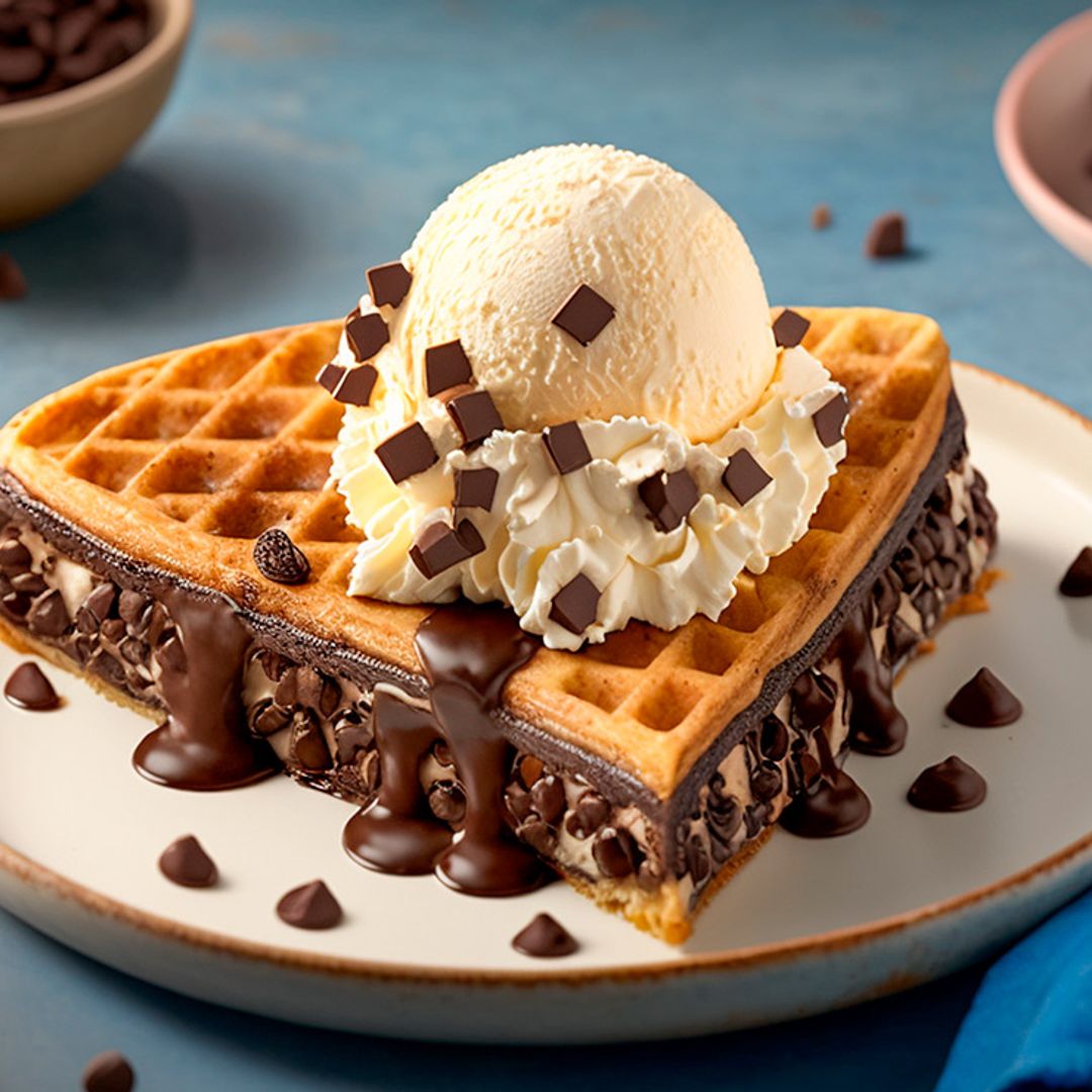 Sándwich de gofres relleno de helado con chips de chocolate
