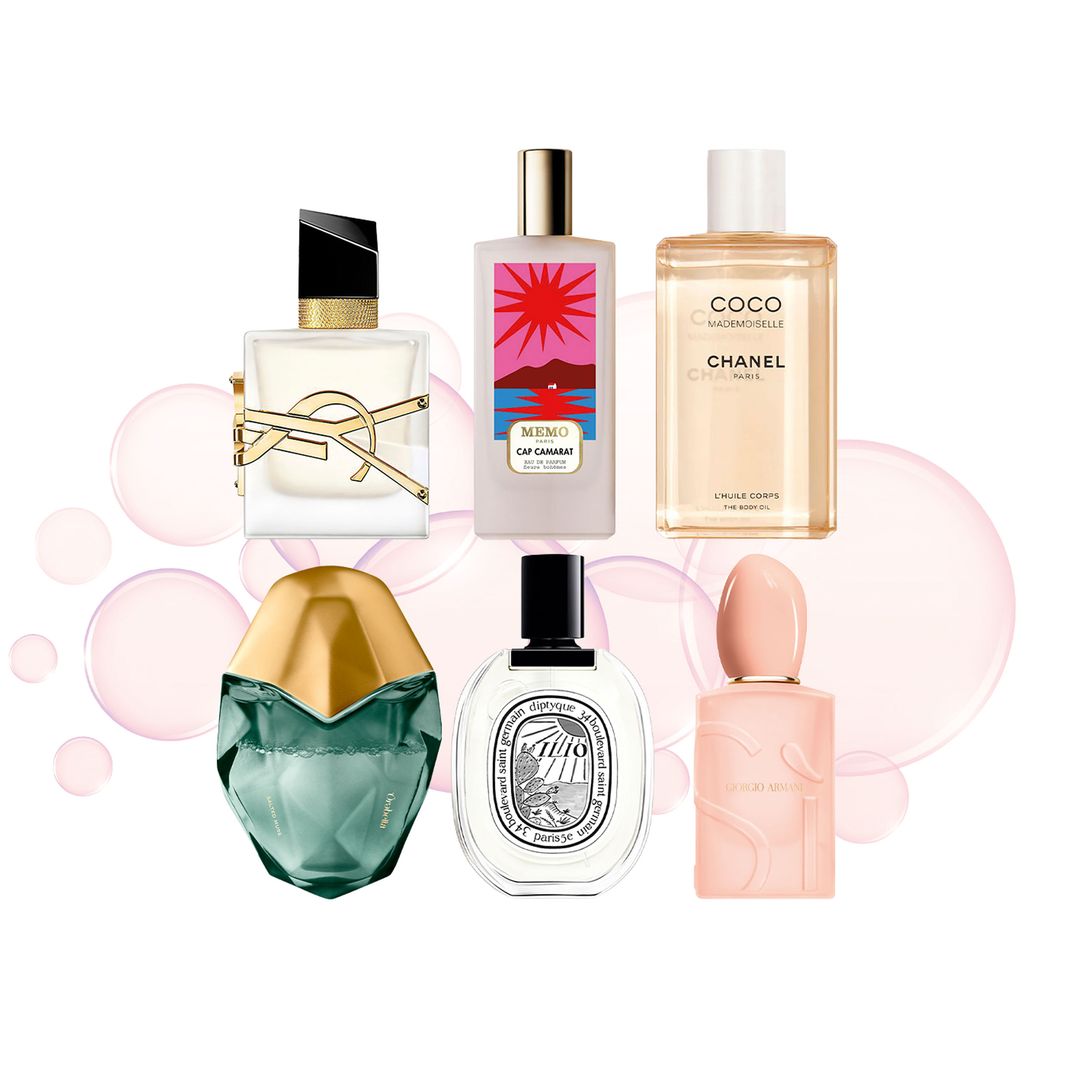 Capilar: Libre Hair Mist (32 €),
de YSL Beauty. Mediterráneo: Cap Camarat
Eau de Parfum (255 €), de Memo Paris. Aceite corporal: Coco Mademoiselle Huile Corps (122 €),
de Chanel. Perfume hidratante: Salted Muse (82 €), de Orebella. Cítrico y floral: Ilio Eau de Toilette
(155 €), de Diptyque. Rosa ácida: Sì Nude Bloom
Eau de Parfum (180 €), de Giorgio Armani.