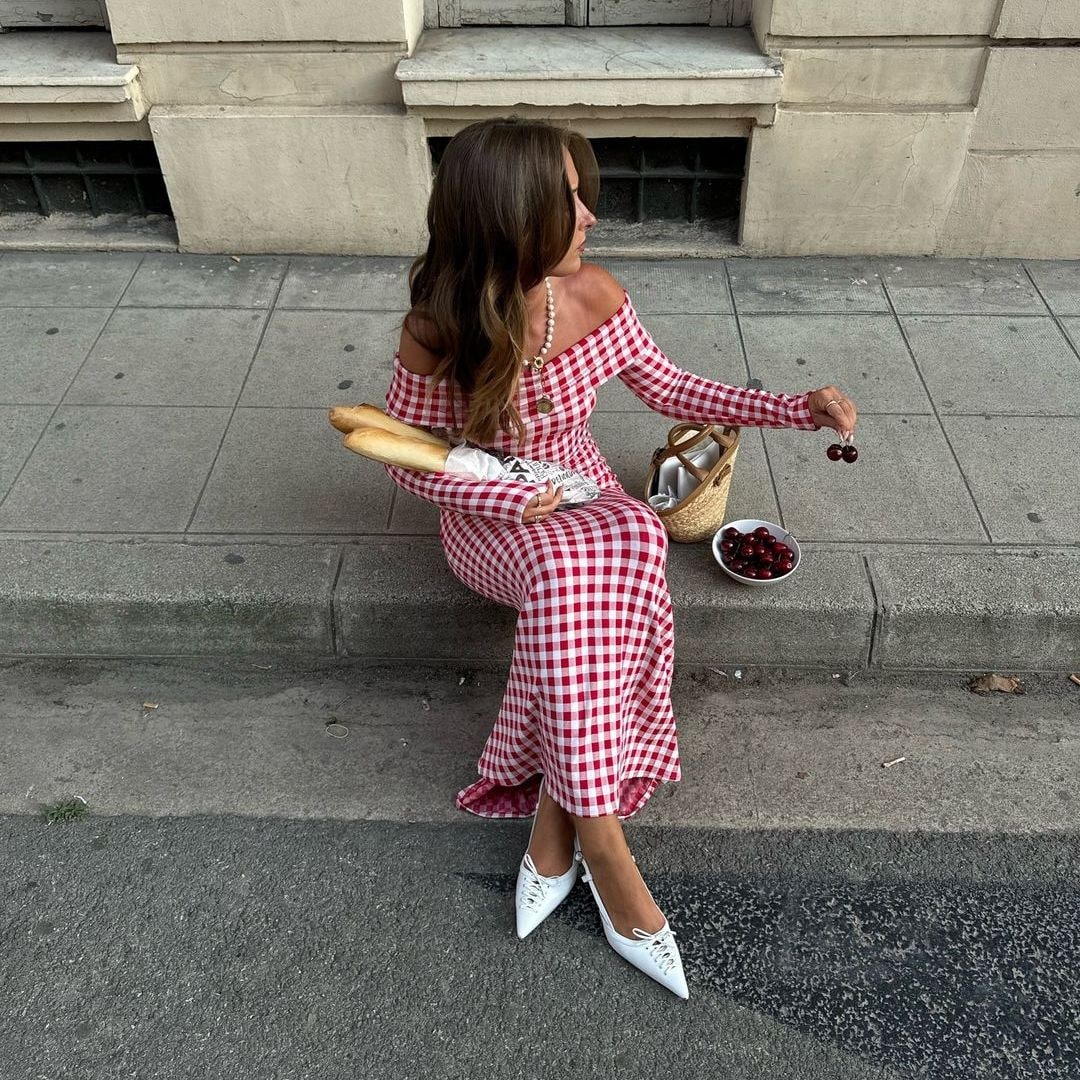 vestido cuadros vichy con escote bardot