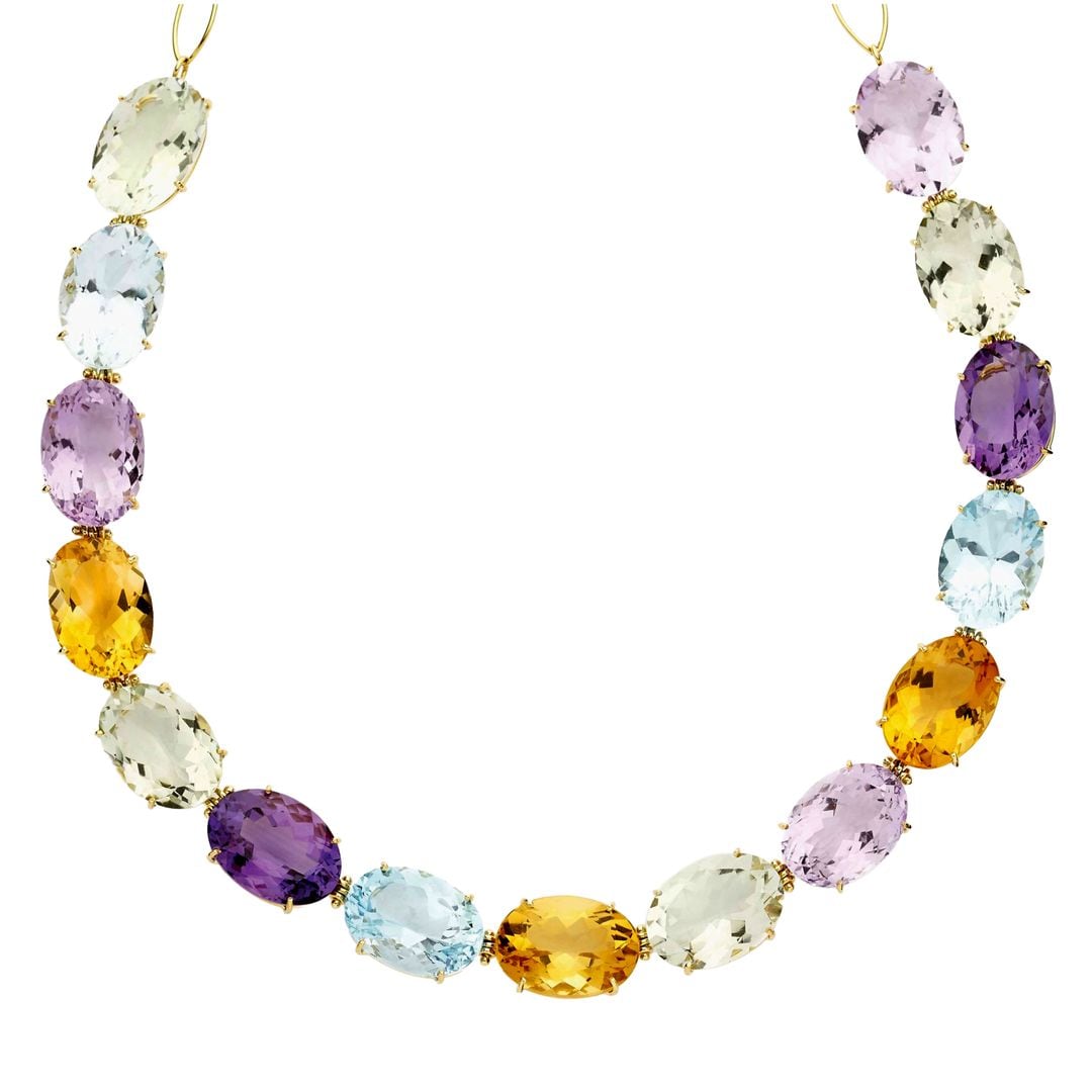 Collar de oro amarillo, cuarzos y topacios (6.980 €), de Rabat