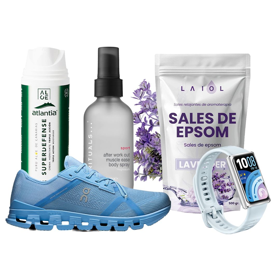 Deportivas (160 €), de On. Crema con aloe vera Superdefense (20 €), de Atlantia.Spray con magnesio (20,90 €), de Rituals. Sales de Epson para pies cansados (9,99 €), de Laiol. podómetro inteligente (59,99 €), de Huawei