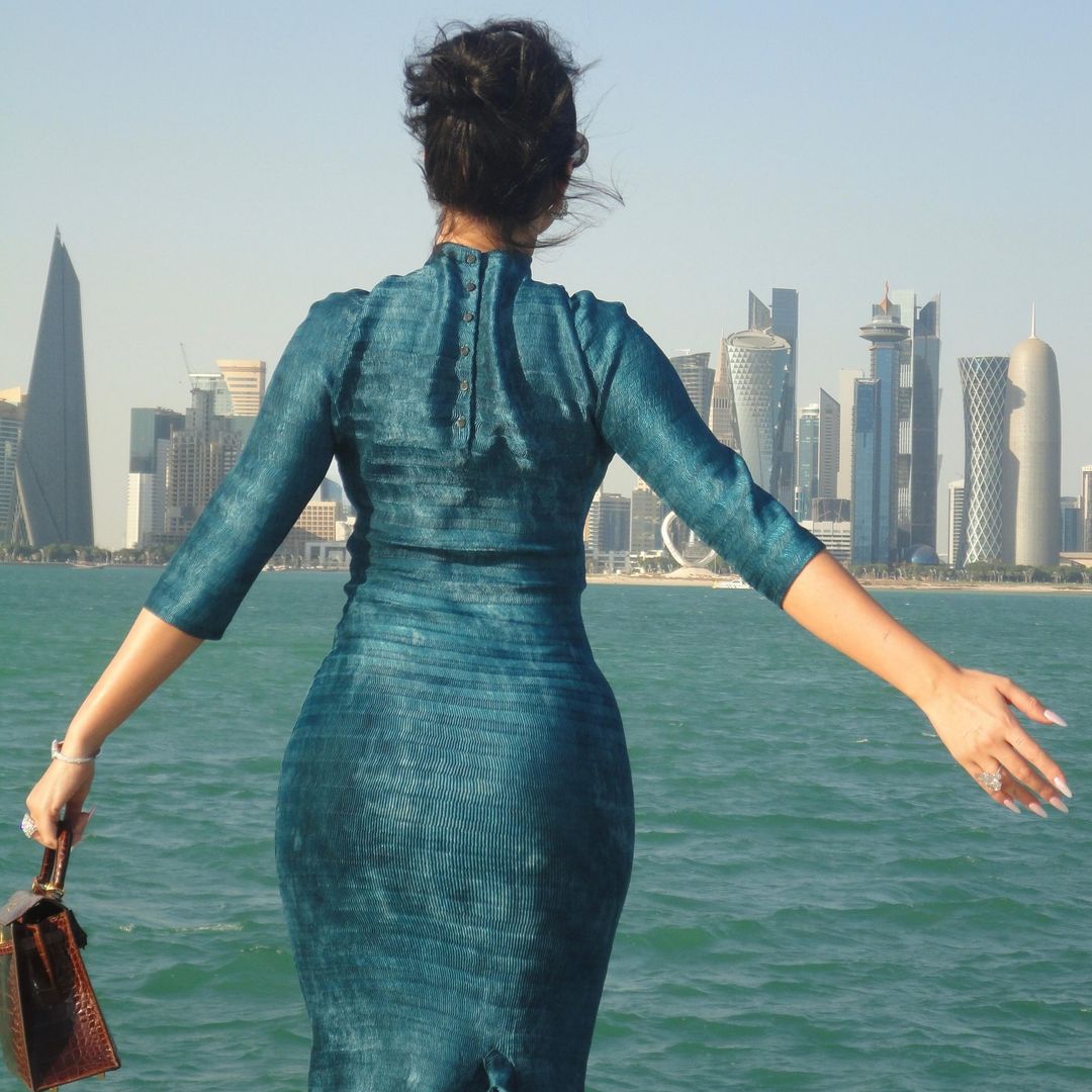 Georgina Rodríguez en Doha con vestido turquesa