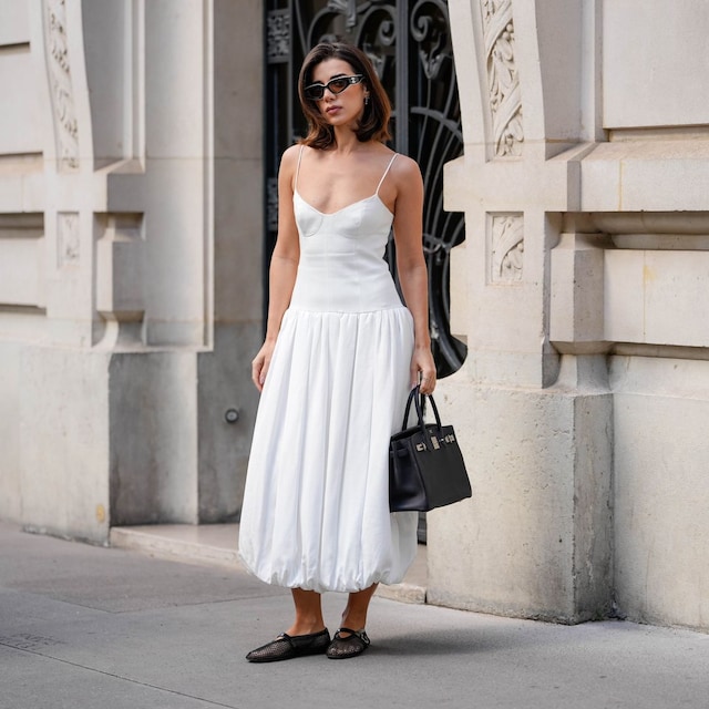 chica con vestido blanco y bailarinas de rejilla